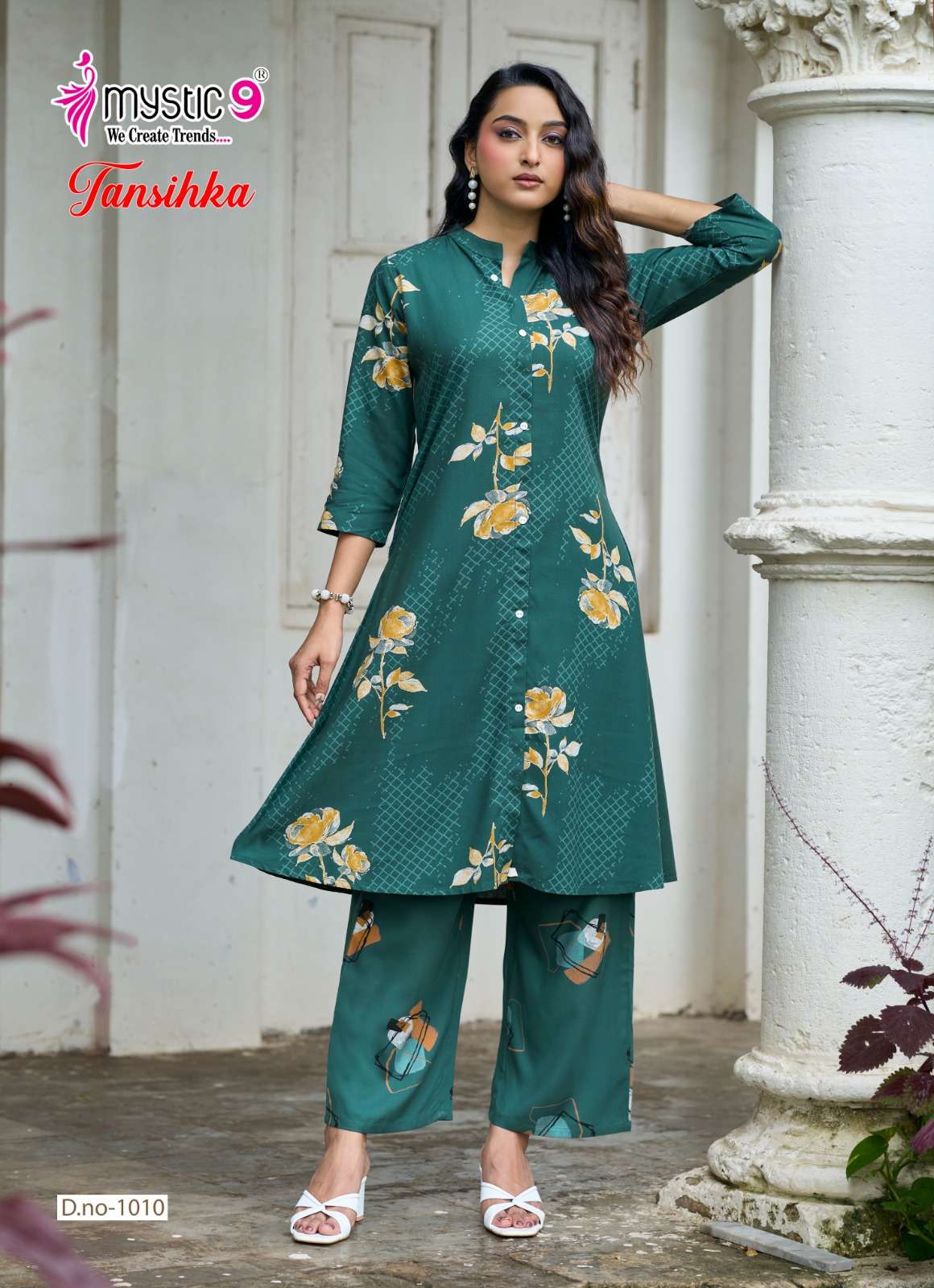 MYSTIC 9 TANISHKA VOL 1 HEAVY VISCOSE PRINT A LINE CUT CORD SET SURAT BRAND WHOLESALER 